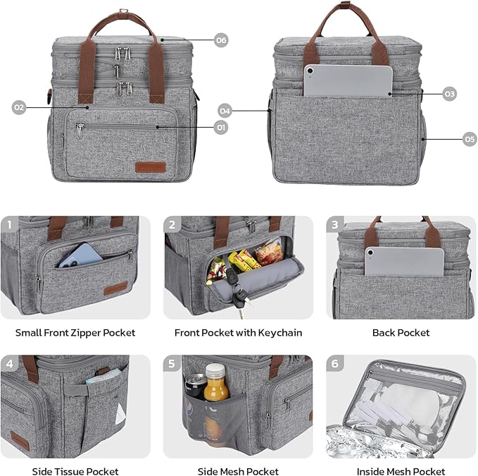 Maelstrom 23L Insulated Lunch Box For Men Women,Expandable Double Deck Lunch Cooler Bag,Lightweight Leakproof Tote Bag With Side Tissue Pocket,Gray-GravixFit