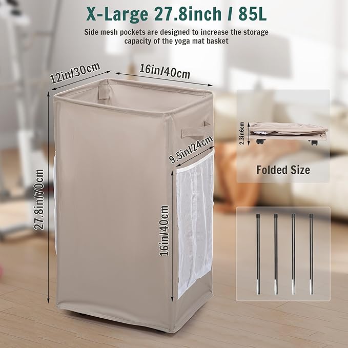 Yoga Mat Storage Racks, Home Gym Storage Rack with Wheels, Yoga Mat Holder Side 2 Mesh Pockets, Yoga Storage Basket Holds 4 Yoga Mats, 2 Foam Rollers, 6 Resistance Bands-GravixFit