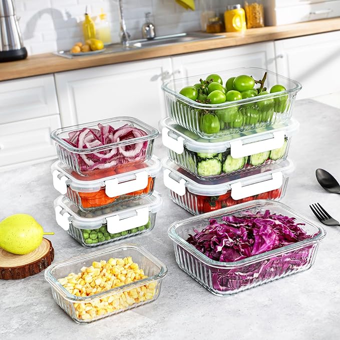 10 Packs Glass Food Storage Containers Set, Glass Meal Prep Containers with Lids, Airtight Lunch Containers, Microwave, Oven, Freezer and Dishwasher Safe, White-GravixFit