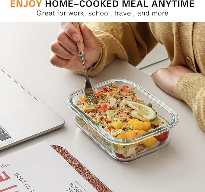 10 Pack 22 Oz Glass Meal Prep Containers with Lids, Reusable Glass Food Storage Containers with Lids, Leak Proof, Microwave, Oven, Freezer and Dishwasher Safe (White)-GravixFit