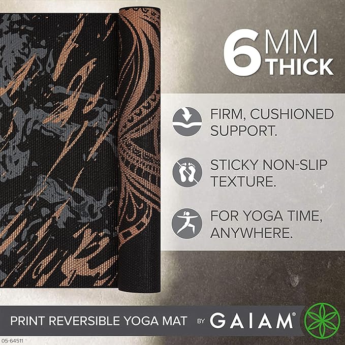 Gaiam Yoga Mat - Premium 6mm Print Reversible Extra Thick Non Slip Exercise & Fitness Mat for All Types of Yoga, Pilates & Floor Workouts (68" x 24" x 6mm Thick)-GravixFit
