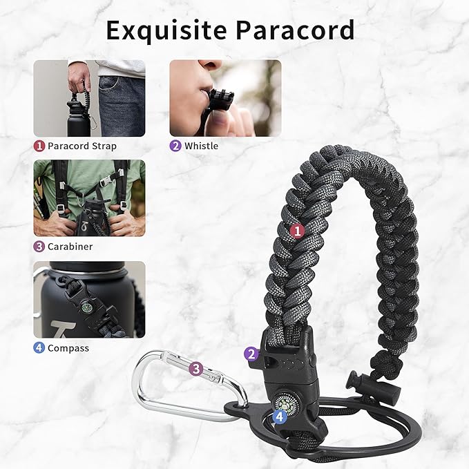 Trebo 32 oz Water Bottle Insulated with Paracord Handle and 3 Lids, Leakproof Stainless Steel Vacuum Water Jug Keep Cold 48 Hours, BPA-Free Gym Water Flask for Men Women Sports, Travel, Dark Gray-GravixFit