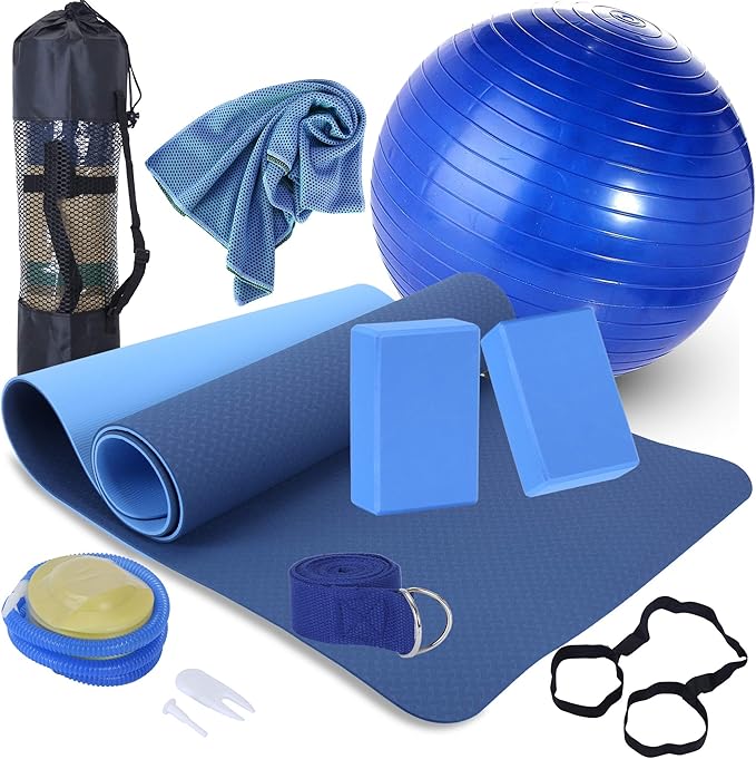Yoga Starter Kit - 11-Piece Set with Yoga Blocks, Strap, Ball, Mat, Carrying Strap, Net Bag, Cooling Towel-GravixFit