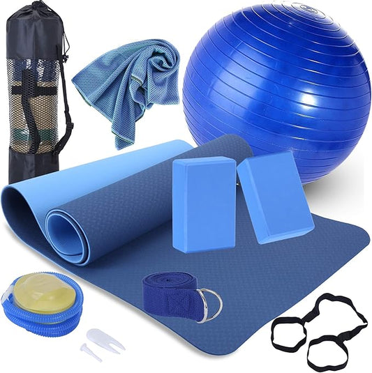 Yoga Starter Kit - 11-Piece Set with Yoga Blocks, Strap, Ball, Mat, Carrying Strap, Net Bag, Cooling Towel-GravixFit