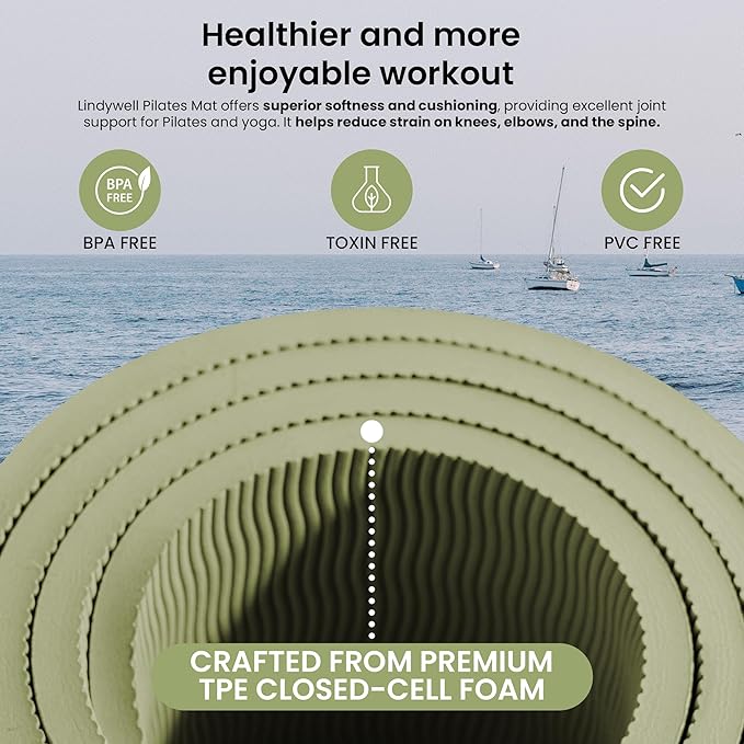 Lindywell Pilates Yoga Workout Mat Non Slip 6mm, 8mm, 10mm Thick - 6ft x 26in-GravixFit