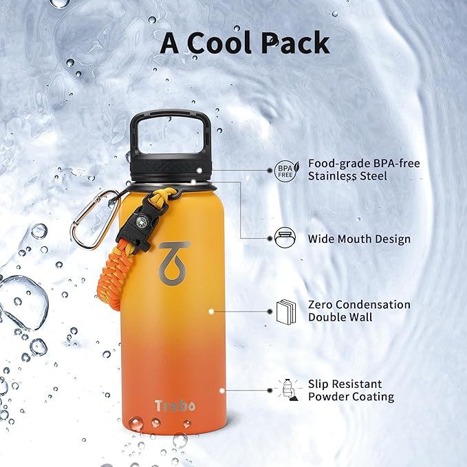 Trebo 32oz Water Bottle Insulated with Lid and Straw,Double Wall Vacuum Stainless Steel Metal Tumbler Sports Flask with Paracord Handle, Keep Hot 24 Hours & Cold 48 Hours Water Cup with 3 Lids, Orange-GravixFit