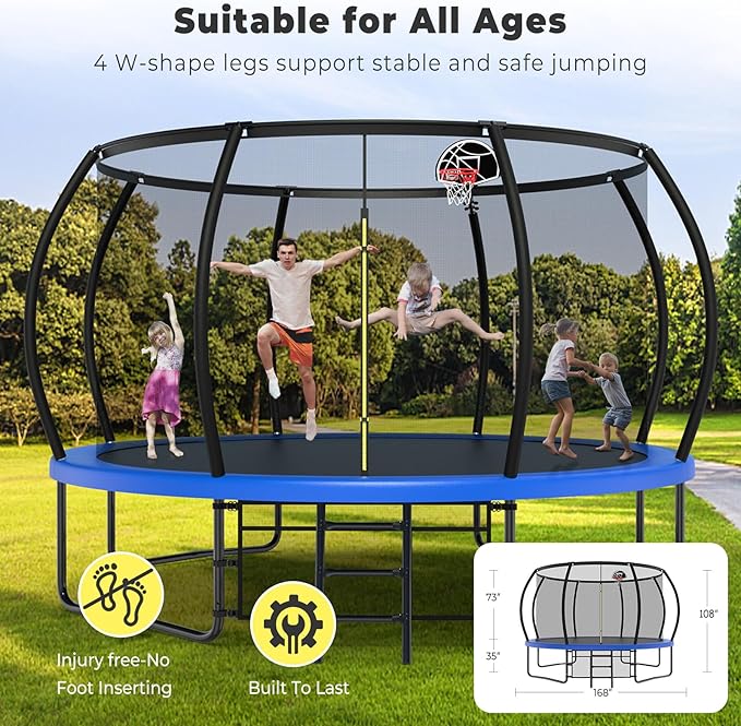 10 12 14 15 16FT Outdoor Trampolines for Kids and Adults, Pumpkin Trampoline with Curved Poles, Recreational Trampoline with Basketball Hoop and Safety Enclosure Net for Kids and Adults-GravixFit