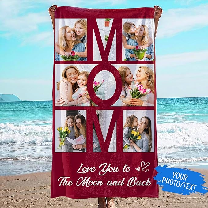 JML Mothers Day Birthday Gifts for Mom from Daughter Son, Personalized Beach Towel with Photo, Custom Beach Towel Gift for Mommy, Grandma, Women, Wife Anniversary Family Day, Summer, Holiday-GravixFit