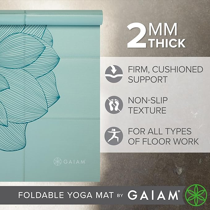 Gaiam Yoga Mat - Folding Travel Fitness & Exercise Mat - Foldable Yoga Mat for All Types of Yoga, Pilates & Floor Workouts (68"L x 24"W x 2mm Thick)-GravixFit