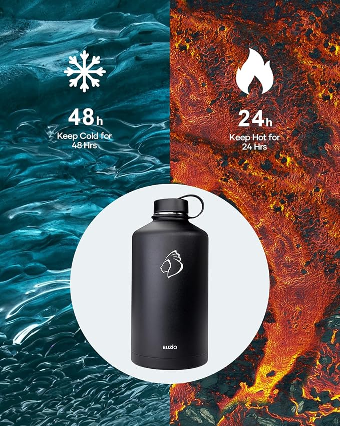 BUZIO 1 Gallon Water Jug with Straw Handle Lid, 128oz Water Bottle Stainless Steel Double Wall Hydro Jug 18/8 Food Grade Thermo Mug Keep Cold 48H & Hot 24H, Black-GravixFit