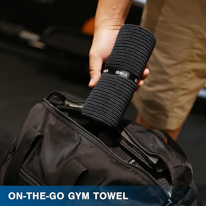 Microfiber Gym Towels with Snap Strap Closure, Ribbed Pattern Sports Towels for Yoga, Home and Outdoor Activities, 27” x 16”, 6 Pack, Black/Grey/Light Blue-GravixFit