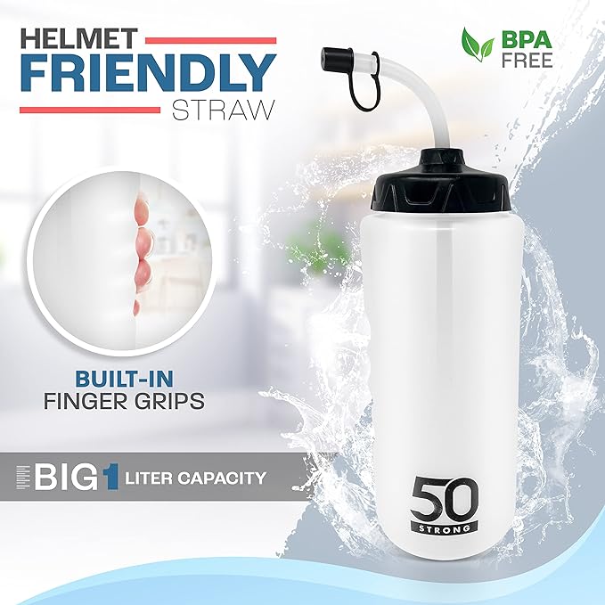 50 Strong 1 Liter BPA-Free Plastic Round Sports Water Bottle with Straw - 6 Pack-GravixFit