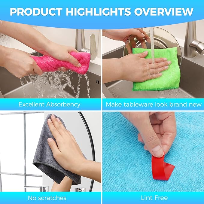 Microfiber Cleaning Cloth, Pack of 15, Lint Free, Absorbent, Streak Free, Non-Abrasive, Reusable and Washable，Cleaning Towels with 5 Color Assorted,11.5"X11.5"(Green/Blue/Yellow/Pink/Grey)-GravixFit