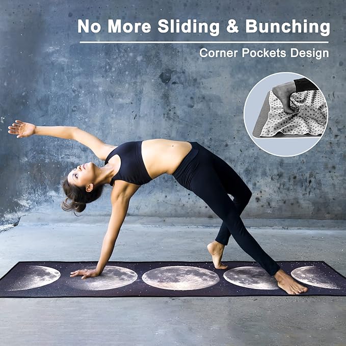 QiyI Yoga Mat Towel with Corner Pockets, Non Slip Sweat Absorbent Hot Yoga Towels, Soft Yoga Blankets with Travel Bag, Skidless Mat Cover for Workout, Gym, Fitness - 74"x26", Moon Cycle-GravixFit