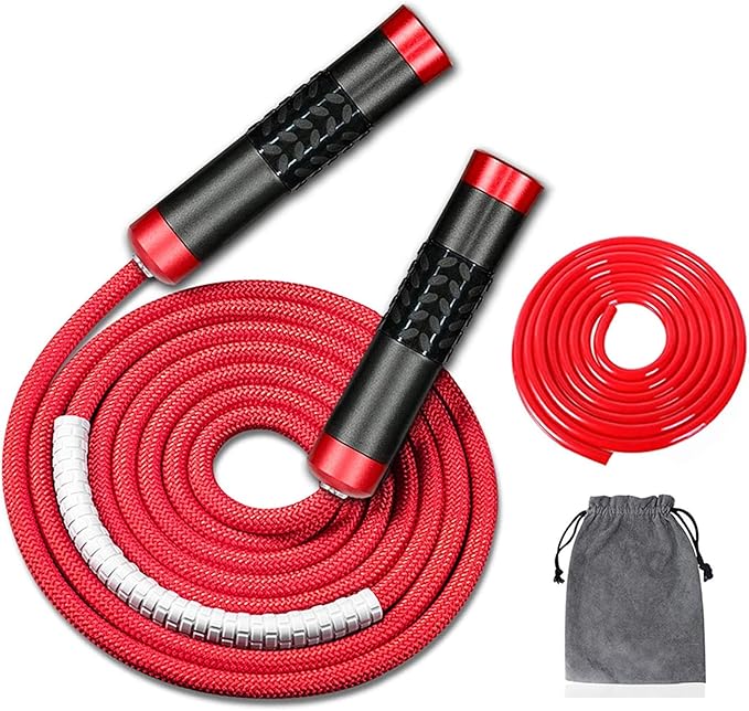 Redify Weighted Jump Rope for Workout Fitness(1LB), Tangle-Free Ball Bearing Rapid Speed Skipping Rope for MMA Boxing Weight-loss,Aluminum Handle Adjustable Length 9MM Fabric Cotton+9MM Solid PVC Rope-GravixFit