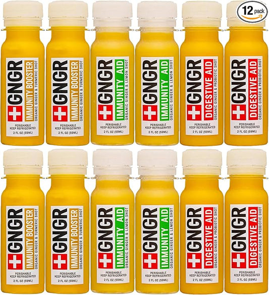 '+GNGR Immunity Sampler Organic Ginger Wellness Shots - Premium Ginger Shots for All Natural Digestive Support and Immune Support - Cold Pressed Ginger Juice - Nothing Artificial (2 Oz, Pack of 12)-GravixFit