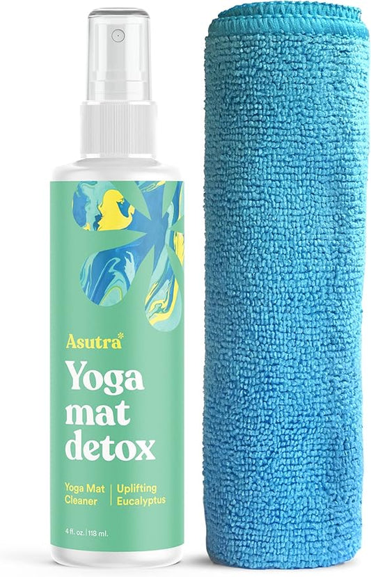 ASUTRA Yoga Mat Cleaner Spray (Uplifting Eucalyptus), 4 fl oz - No Slippery Residue, Organic Essential Oils, Deep-Cleansing for Fitness Gear & Gym Equipment, Microfiber Towel Included-GravixFit