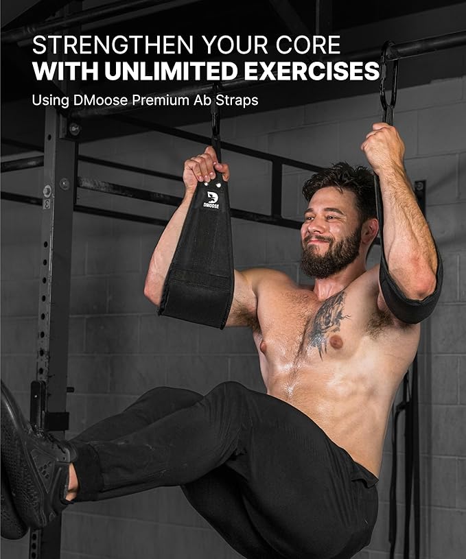 DMoose Fitness Hanging Ab Straps for Pull Up Bar & Core Strength Training - Soft Padded Exercise Straps for Ab Swing & Leg Raises, Hang Bar Strap with 2 Steel Carabiners - Abs Equipment for Home & Gym-GravixFit