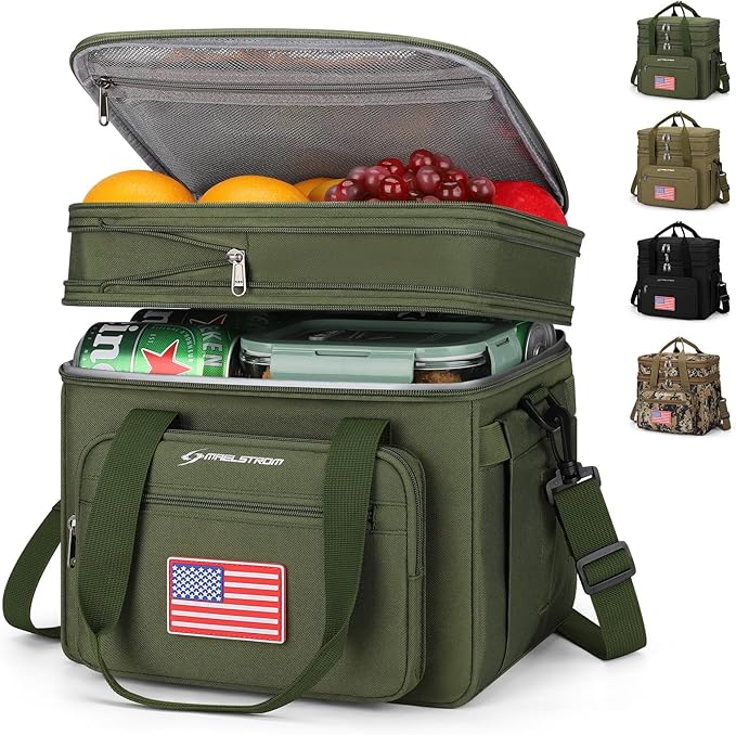 Maelstrom Tactical Lunch Box for Men, 23L Insulated Lunch Bag, Expandable Double Deck Cooler Bag, Lightweight Leakproof Tote Bag With Side Tissue Pocket, Suit For Men and Women, Army Green-GravixFit