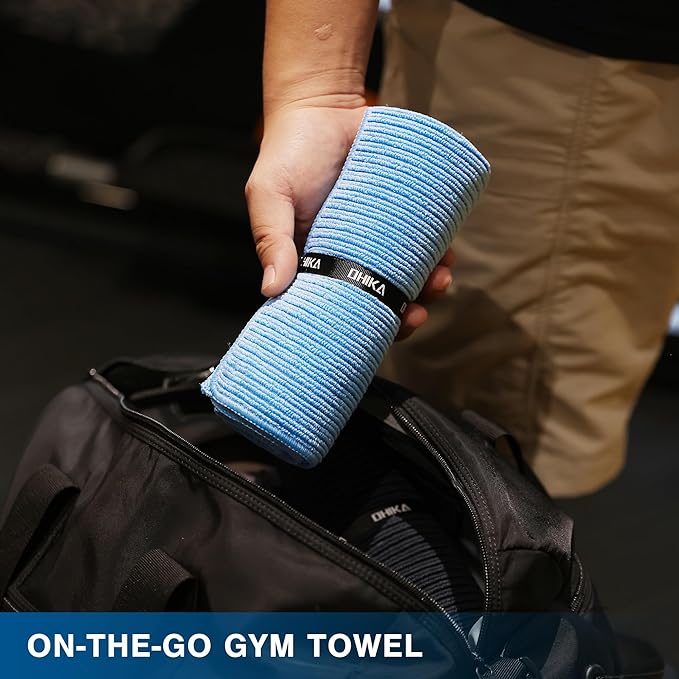 Microfiber Gym Towels with Snap Strap Closure, Ribbed Pattern Sports Towels for Yoga, Home and Outdoor Activities, 27” x 16”, 6 Pack, Light Blue-GravixFit