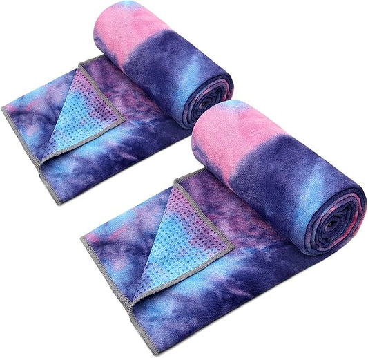 Eunzel 2 Pack Yoga Towel,Hot Yoga Mat Towel with Grip Dots Sweat Absorbent Non-Slip for Hot Yoga, Pilates and Workout 24" x72，Purple & Blue (2 Pack)-GravixFit