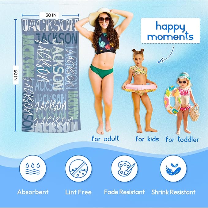 JML Personalized Beach Towel with Name, Custom Beach Towel with Name, Customized Microfiber Pool Towel, Quick Dry & Absorbent Swim Towel for Adult,Anniversary, Birthday, Summer Holiday,Vacation-GravixFit