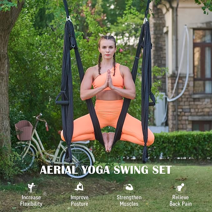 ZELUS Aerial Yoga Swing Sling Strong Yoga Hammock Kit Set Trapeze Inversion Equipment Include 2 Extensions Straps and Ceiling Mounting Kit-GravixFit