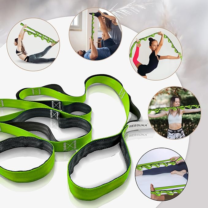 Stretching Strap Yoga Strap, 10 Loops Non-Elastic Stretch Bands Helps Women and Men Improve Flexibility for Home Workout, Physical Therapy, Pilates, Exercise, Dance, Comes with Door Anchor-GravixFit