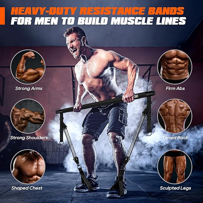 Pilates Bar Kit with Resistance Bands, Heavy Duty Pilates Equipment for Men, Strength Training Bar for Legs, Hip, Back, Arm, Abs, Chest, Shoulders, Portable Home Gym Full Body Workout Equipment-GravixFit