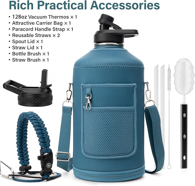 1 Gallon Water Bottle Insulated | Thickened Stainless Steel Vacuum Metal Water Jug | Portable Sports Large for Gym and Hiking with Straw, Carrier Bag, Handle Strap | BPA-Free 128 oz-GravixFit