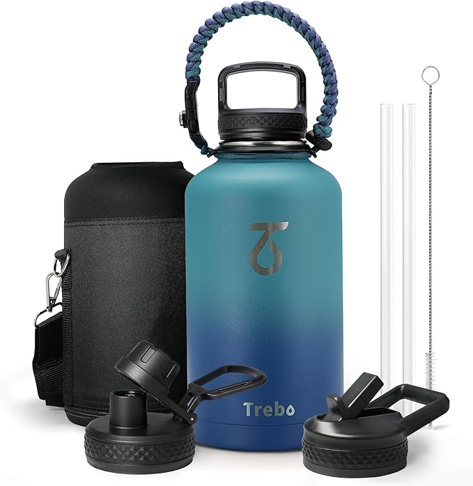 Trebo Insulated Water Bottle 64 oz, Half Gallon Metal Vacuum Water Jug with Handle and 3 Lids, Leakproof BPA-Free Water Flask for Gym Sports Hiking Travel, Keep Cold 48 Hours, Cyan Blue-GravixFit