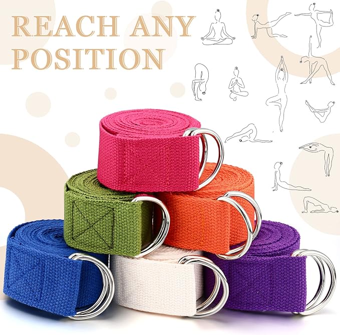6 Pcs Yoga Strap for Stretching 8 Ft Yoga Exercise Adjustable Straps Bands with Safe Adjustable D Ring Buckle for Pilates Gym Workouts Fitness Improves Sitting Posture-GravixFit
