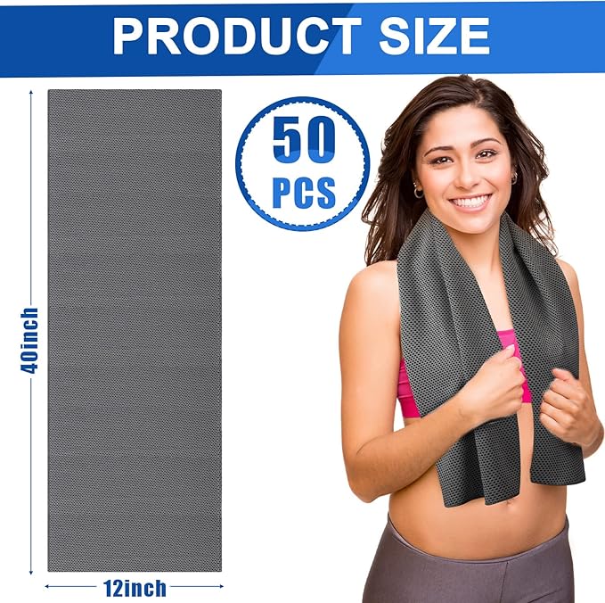 Shellwei 50 Pcs Cooling Towel 40 x 12 Inch Microfiber Workout Towels Breathable Chilly Towel Ice Cool Cold Towels Bulk Fast Drying Absorbent Sweat Rag for Neck Yoga Sports Golf Gym-GravixFit
