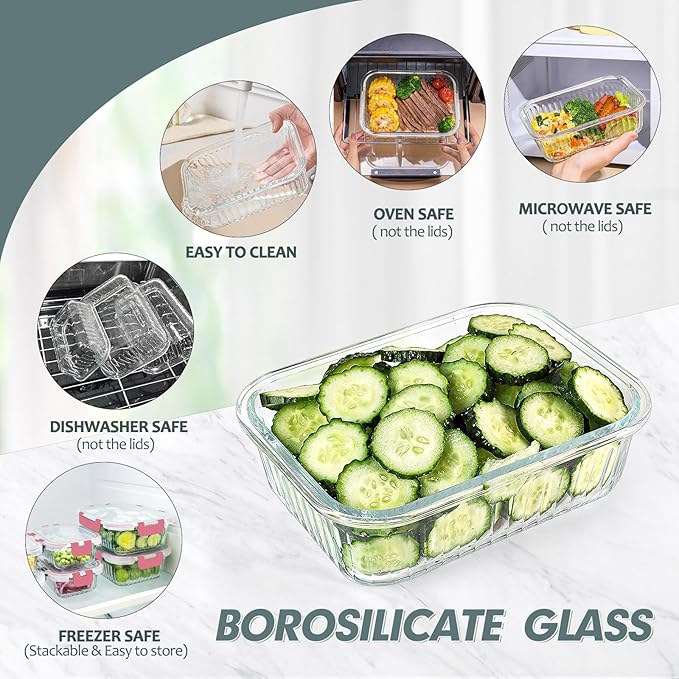 10 Packs Glass Meal Prep Containers with Lids, Glass Food Storage Containers Set, Airtight Lunch Containers, Microwave, Oven, Freezer and Dishwasher Safe, Pink-GravixFit