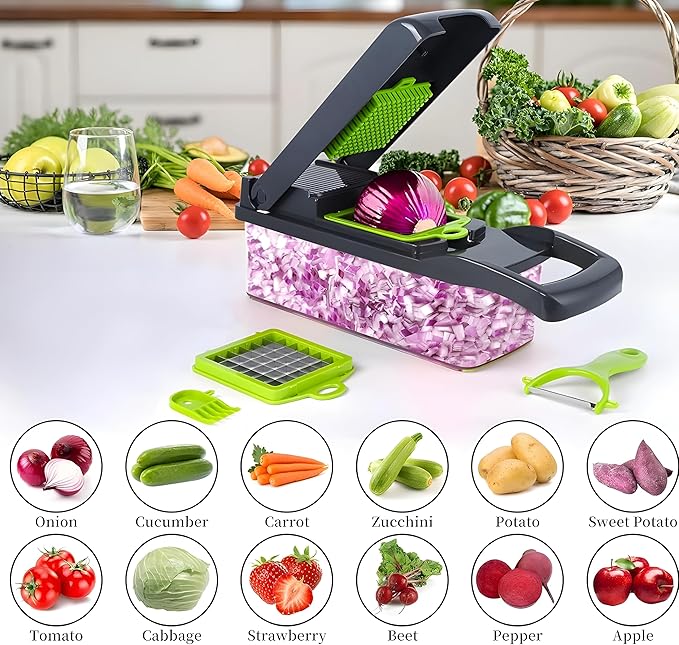 16-in-1 Vegetable Chopper & Slicer | Stainless Steel Mandoline Cutter with Onion Dicer, Grater, Spiralizer, Julienne Blades | Multifunctional & Manual Kitchen Tool I Lightweight & Easy To Use-GravixFit