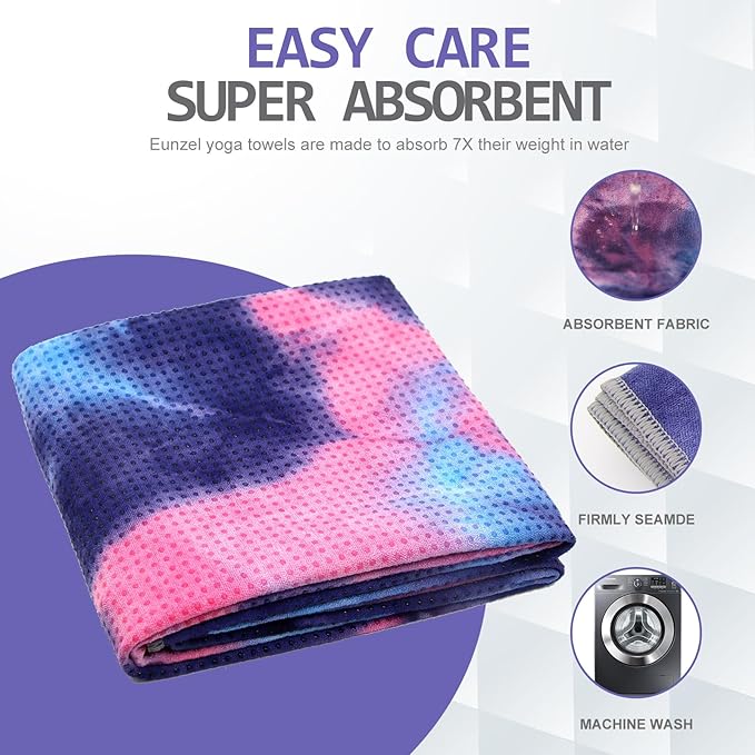 Eunzel 2 Pack Yoga Towel,Hot Yoga Mat Towel with Grip Dots Sweat Absorbent Non-Slip for Hot Yoga, Pilates and Workout 24" x72，Purple & Blue (2 Pack)-GravixFit