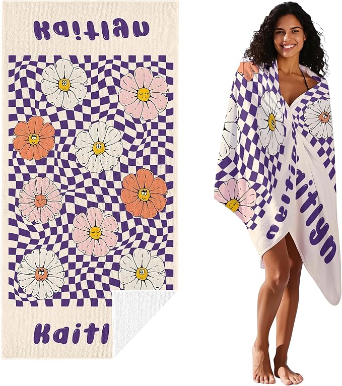JML Personalized Beach Towel with Name, Custom Flower Beach Towel, Customized Microfiber Pool Towel, Quick Dry & Absorbent Swim Towel for Adult,Anniversary, Birthday, Summer Holiday,Vacation-GravixFit