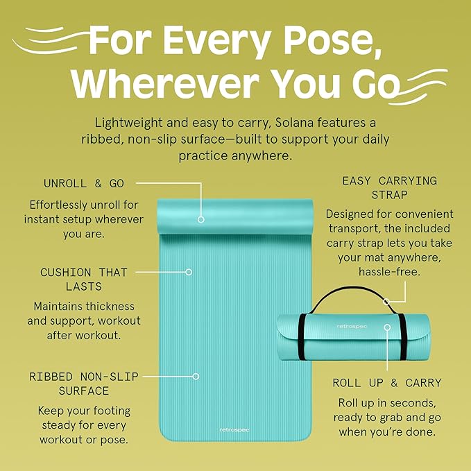 Retrospec Solana Yoga Mat 1" Thick w/Nylon Strap for Men & Women - Non Slip Exercise Mat for Home Yoga, Pilates, Stretching, Floor & Fitness Workouts - Blue Lagoon-GravixFit