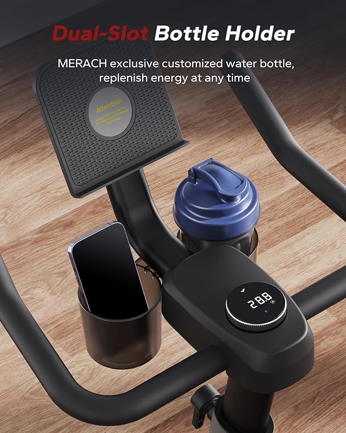 MERACH Exercise Bike, Brake Pad Stationary Bike with Exclusive App, Low Noise Indoor Cycling Bike with 300lbs Weight Capacity, Tablet Mount and Fitness Courses for Weight Loss-GravixFit