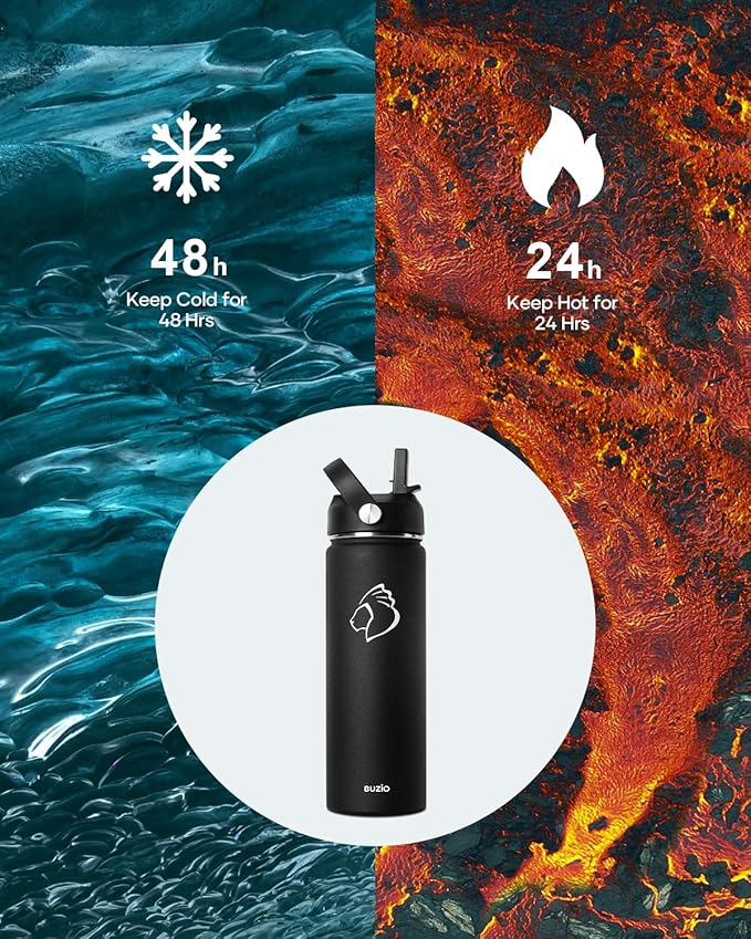 BUZIO 24 oz Insulated Water Bottle, Stainless Steel Wide Mouth Water Flask with Straw Lid, Cold for 48 Hrs Leak Proof Metal Hydro Thermo Canteen Mug, Black-GravixFit