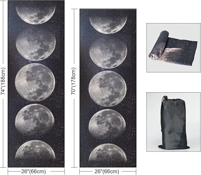 QiyI Yoga Mat Towel with Corner Pockets, Non Slip Sweat Absorbent Hot Yoga Towels, Soft Yoga Blankets with Travel Bag, Skidless Mat Cover for Workout, Gym, Fitness - 74"x26", Moon Cycle-GravixFit