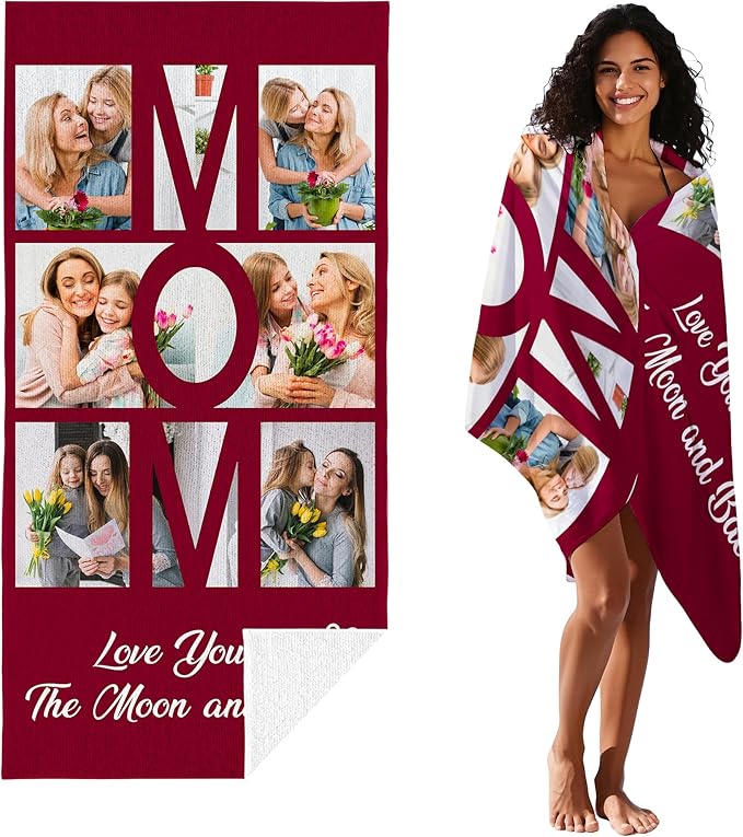 JML Mothers Day Birthday Gifts for Mom from Daughter Son, Personalized Beach Towel with Photo, Custom Beach Towel Gift for Mommy, Grandma, Women, Wife Anniversary Family Day, Summer, Holiday-GravixFit