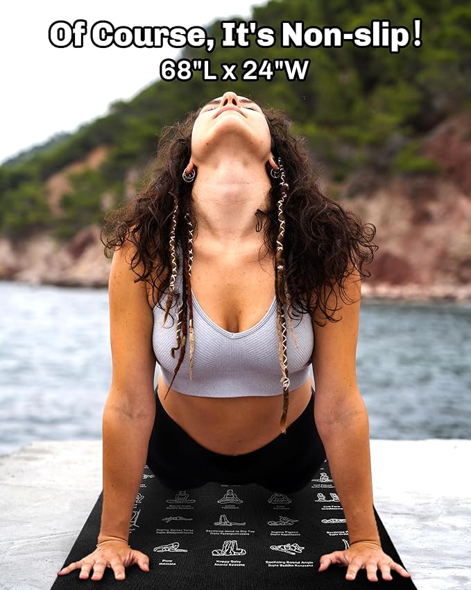 Instructional Travel Yoga Mat with 75 Poses & Exercises - Non-slip Exercise Mat for Home Workout, Includes Carrying Bag - Perfect for Beginners, 68"x24"x0.25"-GravixFit