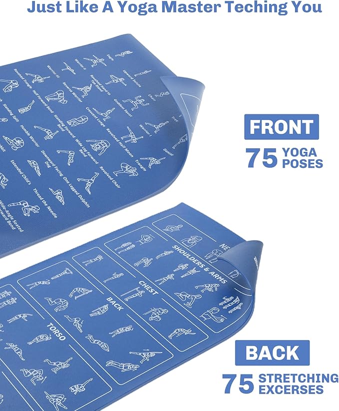 Instructional Travel Yoga Mat with 75 Poses & Exercises - Non-slip Exercise Mat for Home Workout, Includes Carrying Bag - Perfect for Beginners, 68"x24"x0.25"-GravixFit