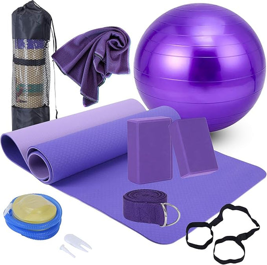 Yoga Starter Kit - 11-Piece Set with Yoga Blocks, Strap, Ball, Mat, Carrying Strap, Net Bag, Cooling Towel-GravixFit