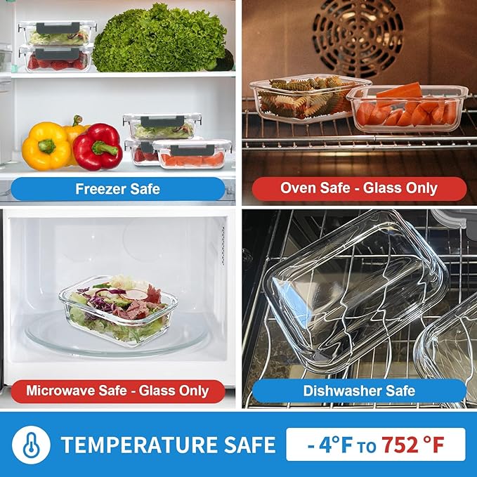 12 Pack 22oz Glass Meal Prep Containers, Food Storage Containers with Lids, Air-Tight, Leak-Resistant, Freezer to Microwave Safe - Grey Set-GravixFit