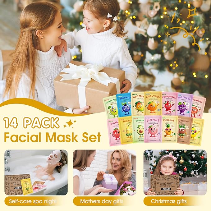 126 Pack Sheet Hydrating Face Masks Skincare for Women, Bulk Fruit Face Mask Skin Care for Kids, Facial Masks Set for All Skin Types, Christmas Birthday Gifts, Spa Party Supplies for Girls Teens-GravixFit