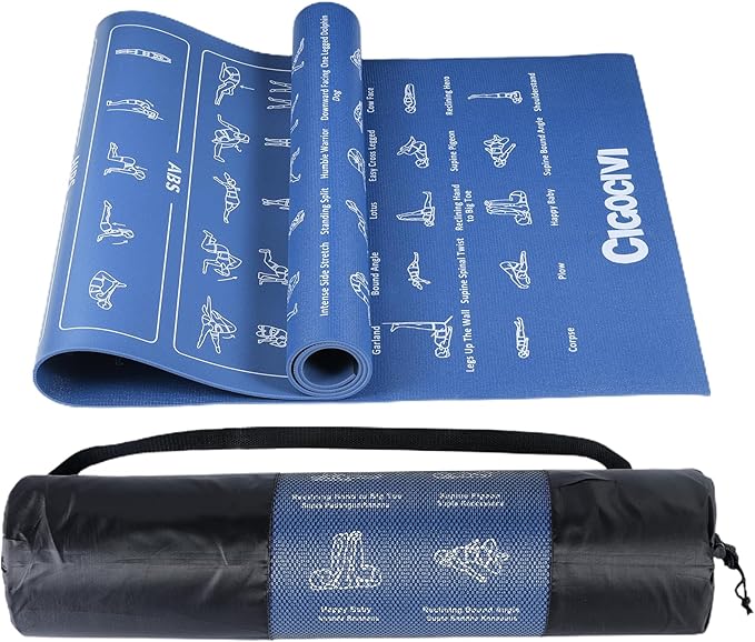 Instructional Travel Yoga Mat with 75 Poses & Exercises - Non-slip Exercise Mat for Home Workout, Includes Carrying Bag - Perfect for Beginners, 68"x24"x0.25"-GravixFit