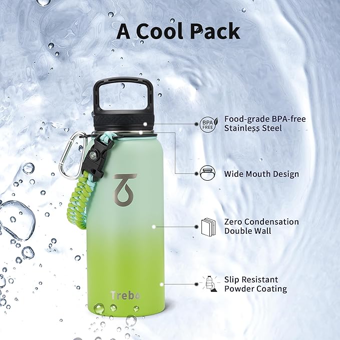Trebo 32 oz Water Bottle Insulated with Lid and Straw, Double Wall Vacuum Stainless Steel Sports Flask with Paracord Handle, Keep Hot 24 Hours & Cold 48 Hours Water Cup with 3 Lids, Dark Green-GravixFit