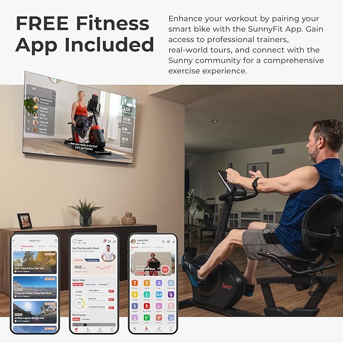 Sunny Health & Fitness Smart Heavy-Duty Recumbent Bike w/Wide Cushioned Seat & Back, Indoor Cycling Machine for Adult/Seniors Home Exercise, Free SunnyFit App Connect, Optional Workout Training Bands-GravixFit